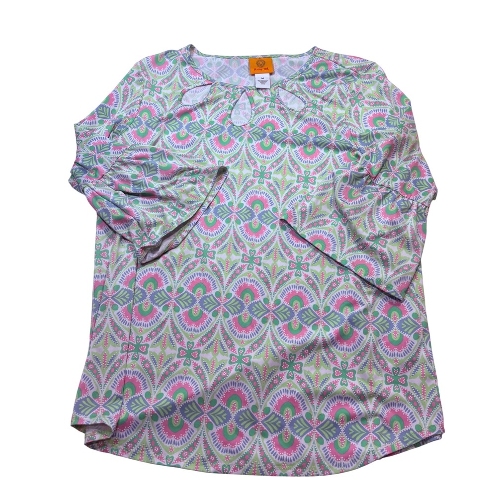Ruby Rd Womens Medium Green Pink Medallion Print Bell Sleeve Keyhole Blouse Top